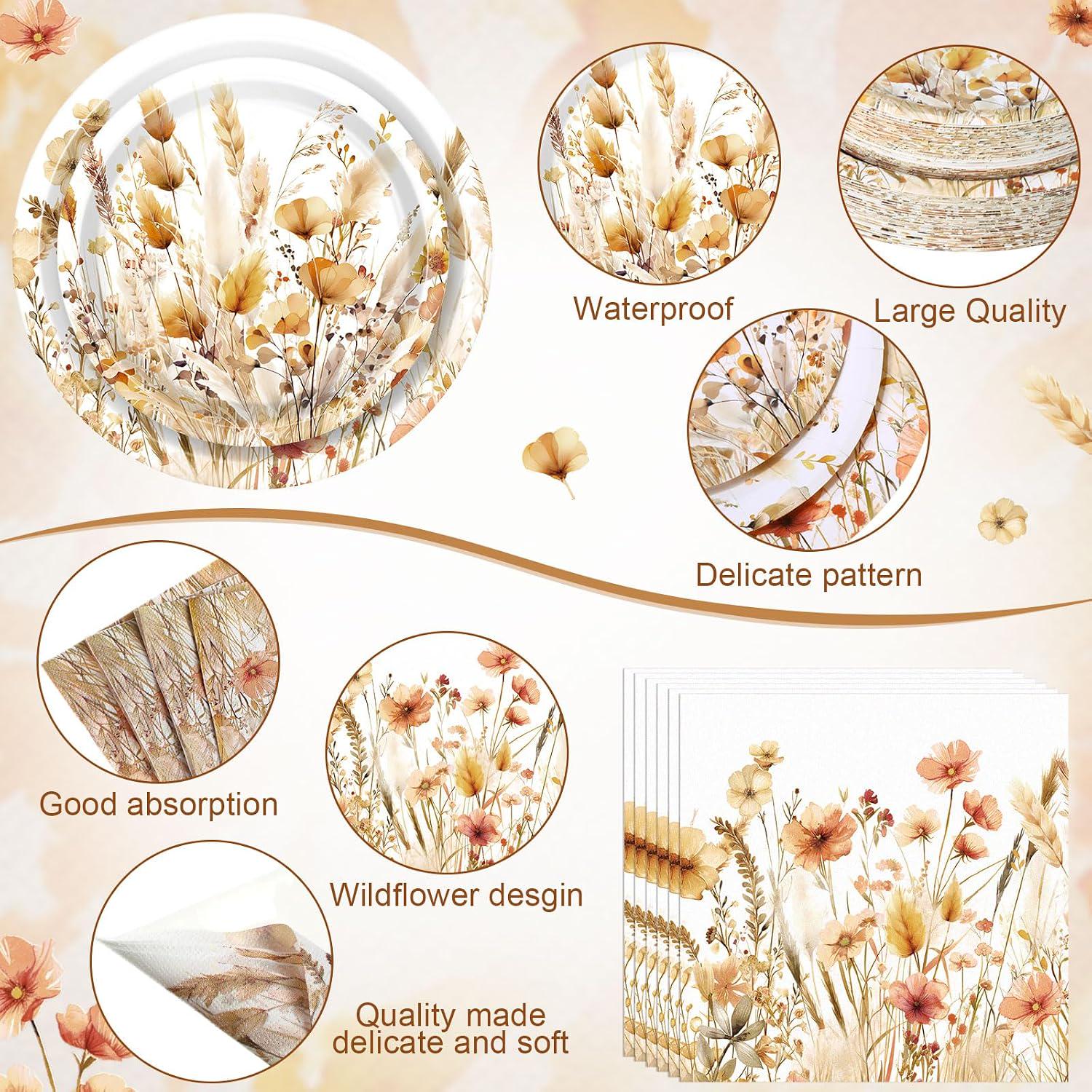Fall Floral Tableware Set, Wildflower Paper Plates, Cups, Napkins (50 Guests)