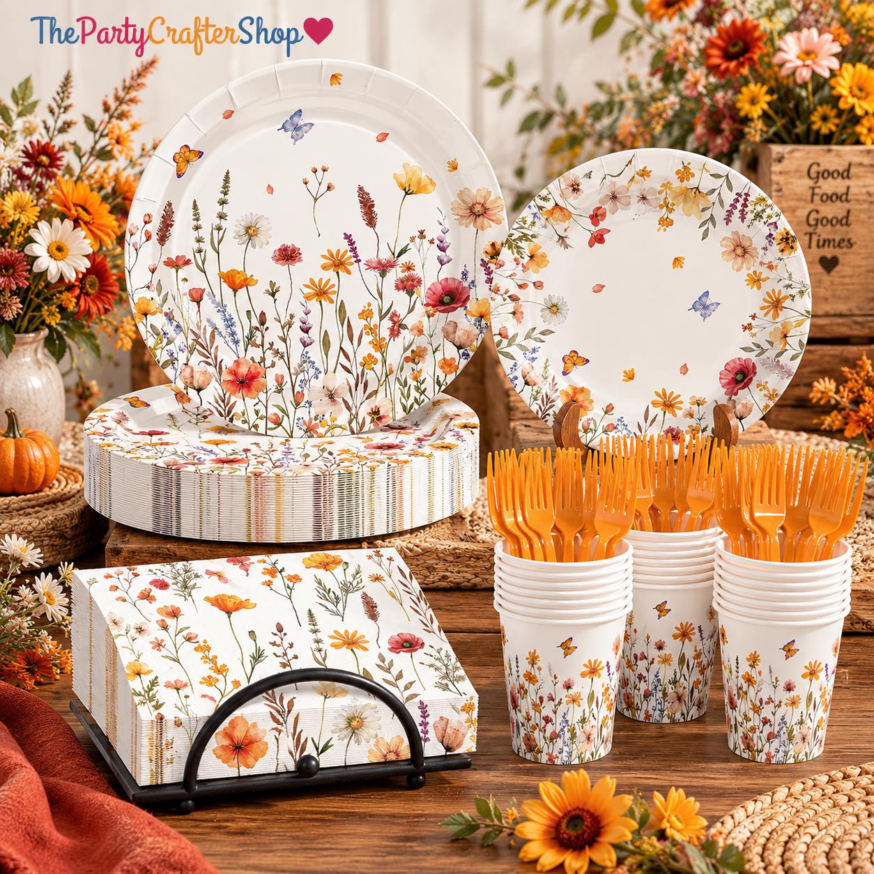 250pc Fall Floral Tableware Set, Autumn Wildflower Plates, Napkins, Cups, Forks (Serves 50)