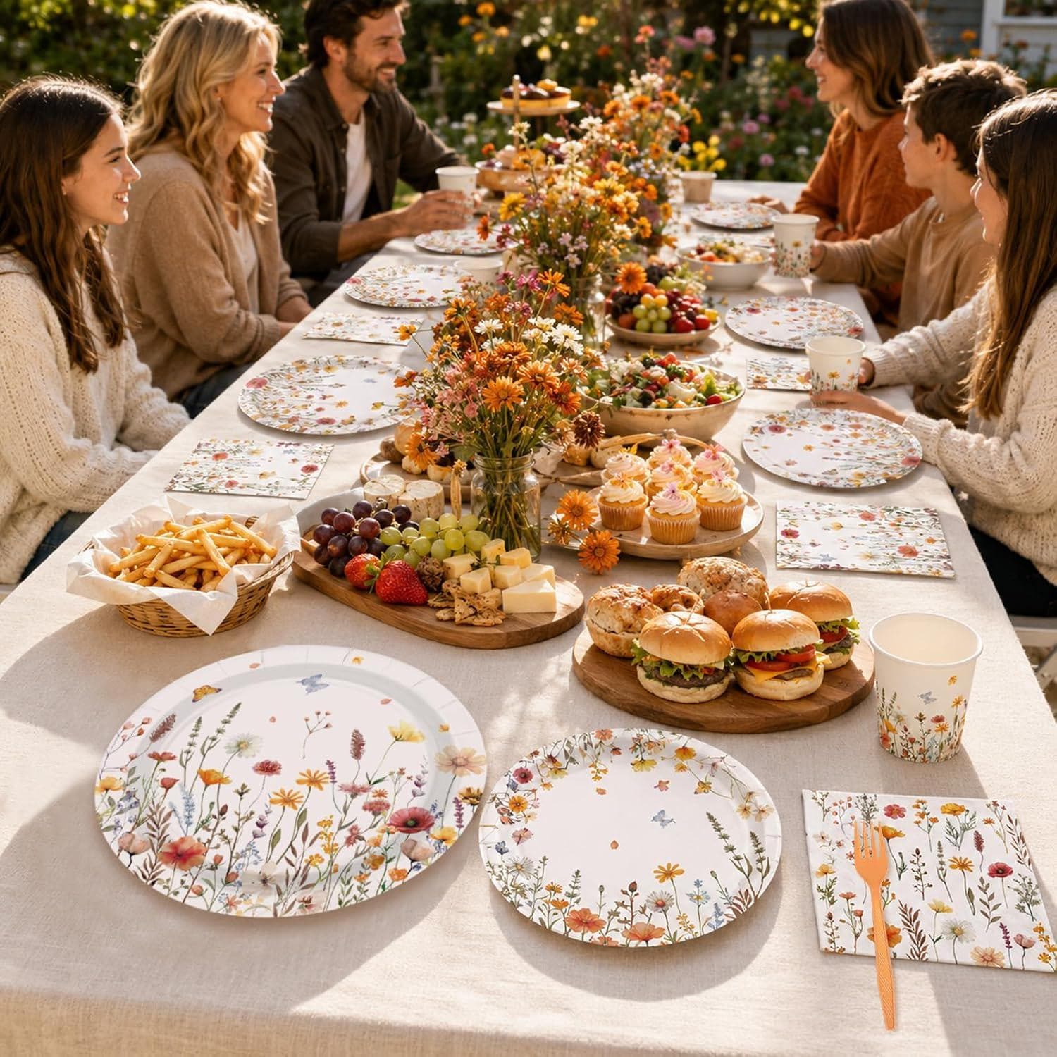 250pc Fall Floral Tableware Set, Autumn Wildflower Plates, Napkins, Cups, Forks (Serves 50)