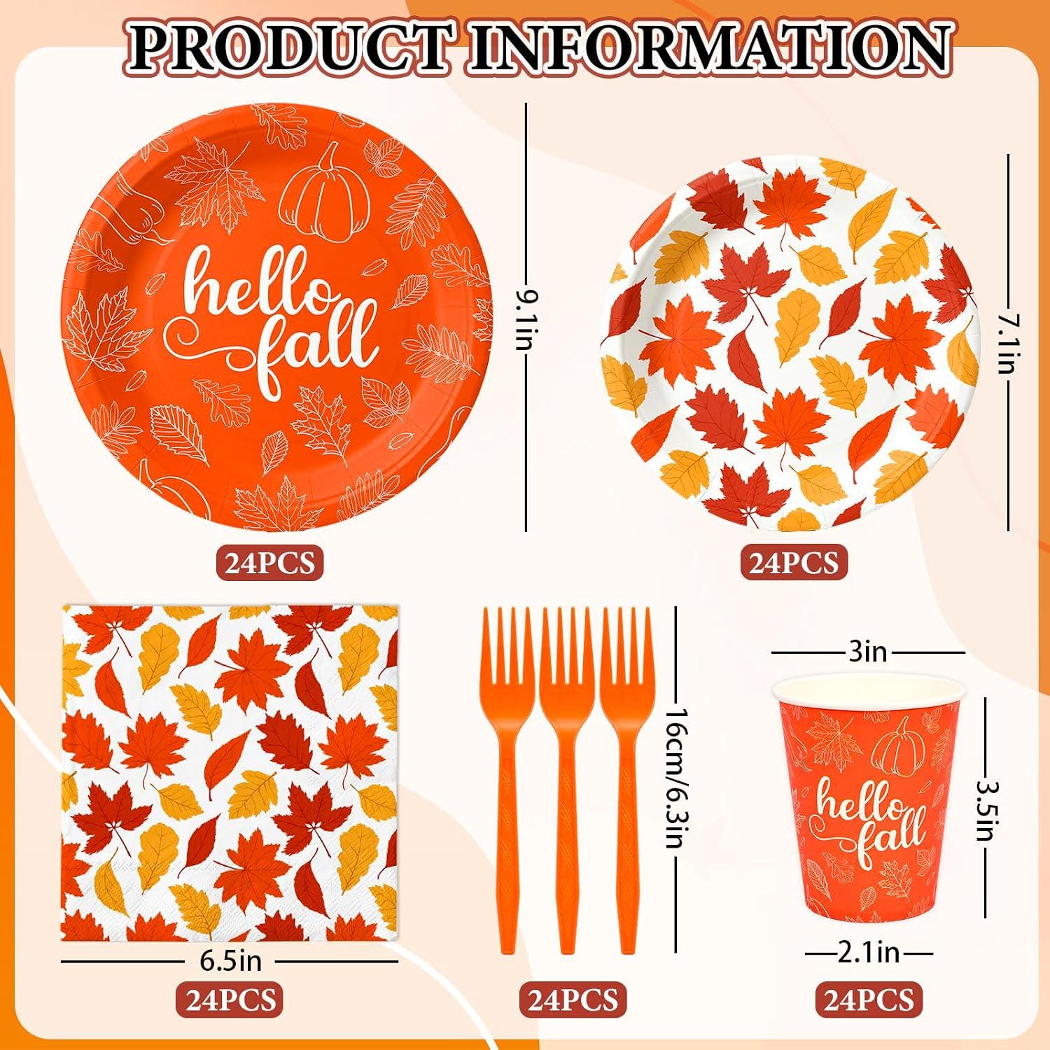 Hello Fall Maple Leaf Tableware Set, 120pc Autumn Party Dinnerware (Serves 24)