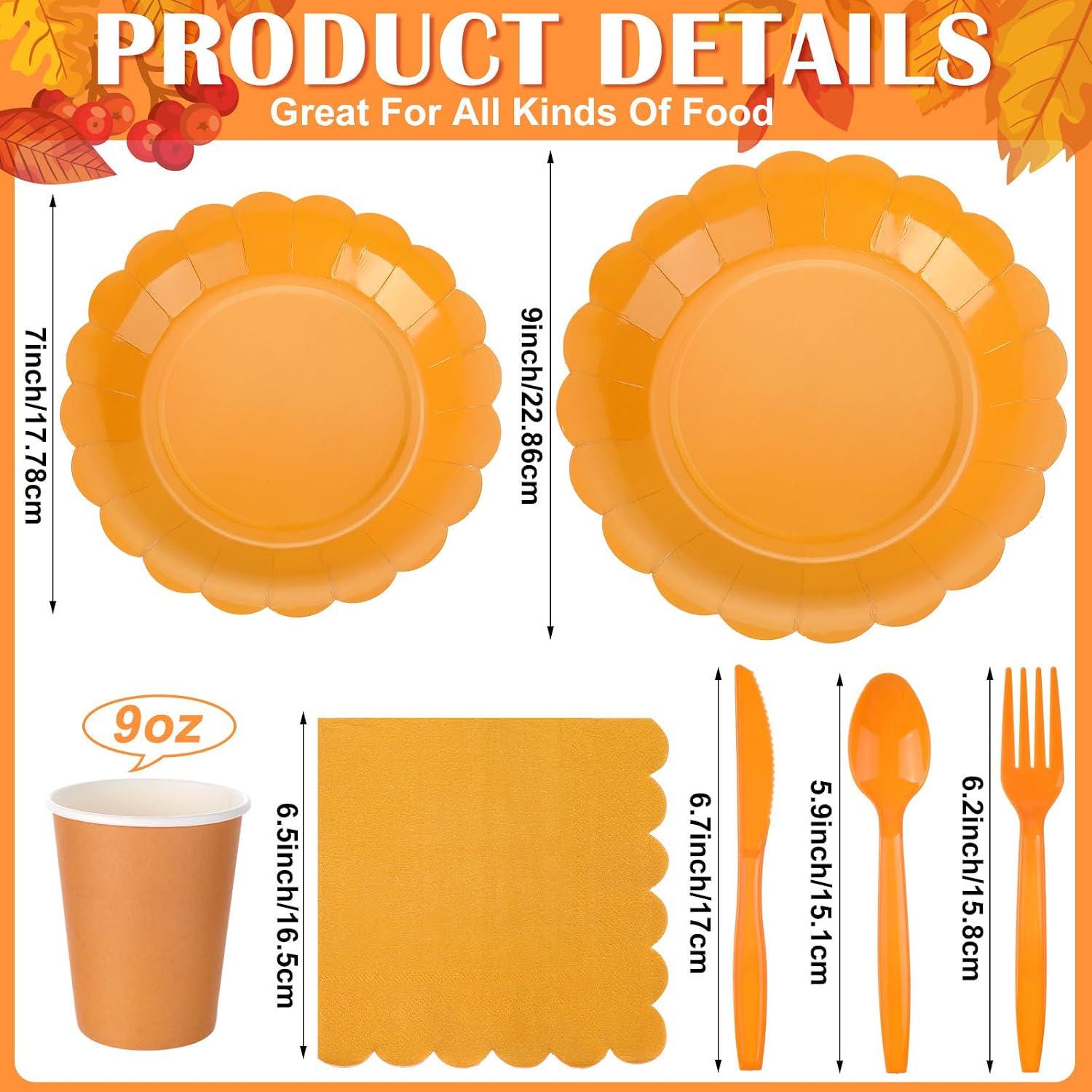 168pc Fall Party Tableware Set, Scalloped Paper Plates, Cups, Napkins, Utensils (Disposable)