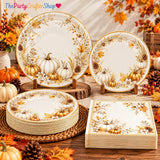 150pc Fall Pumpkin Napkins & Plates Set, Gold Floral Thanksgiving Tableware (50 Guests)