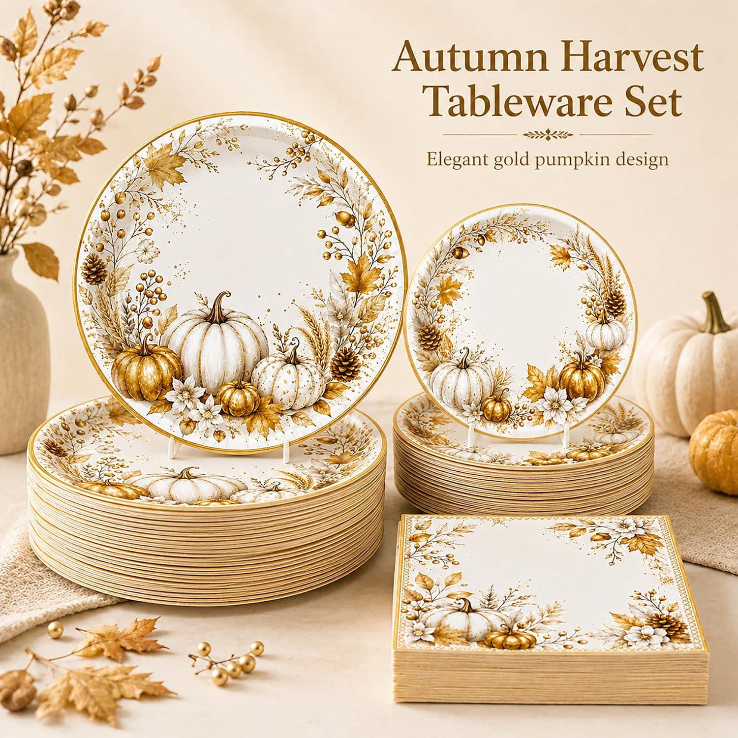 150pc Fall Pumpkin Napkins & Plates Set, Gold Floral Thanksgiving Tableware (50 Guests)
