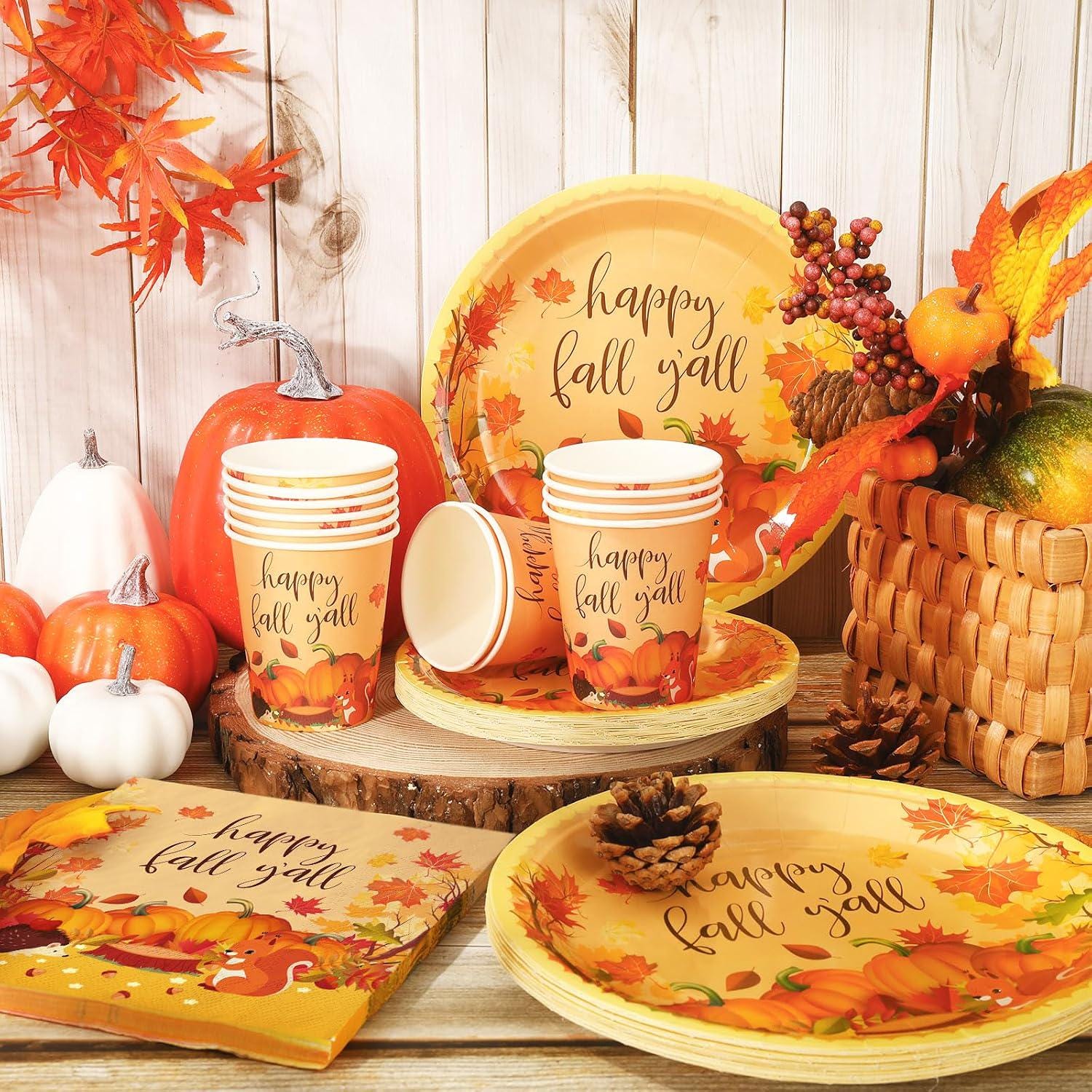100pc Fall Tableware Set, Pumpkin Leaf Plates, Cups, Napkins (Serves 25)