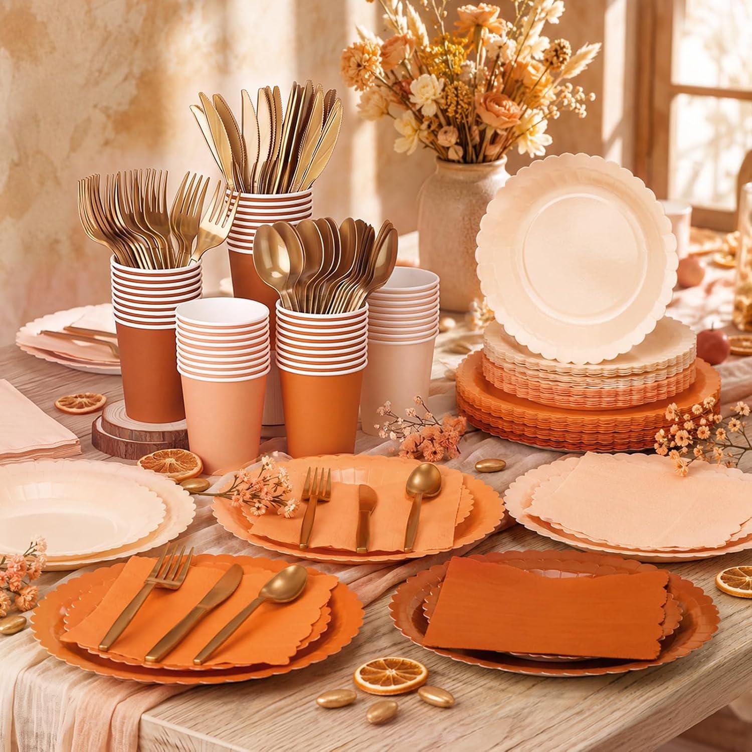175pc Burnt Orange Tableware Set for 25 Guests, Disposable Fall Party Decor