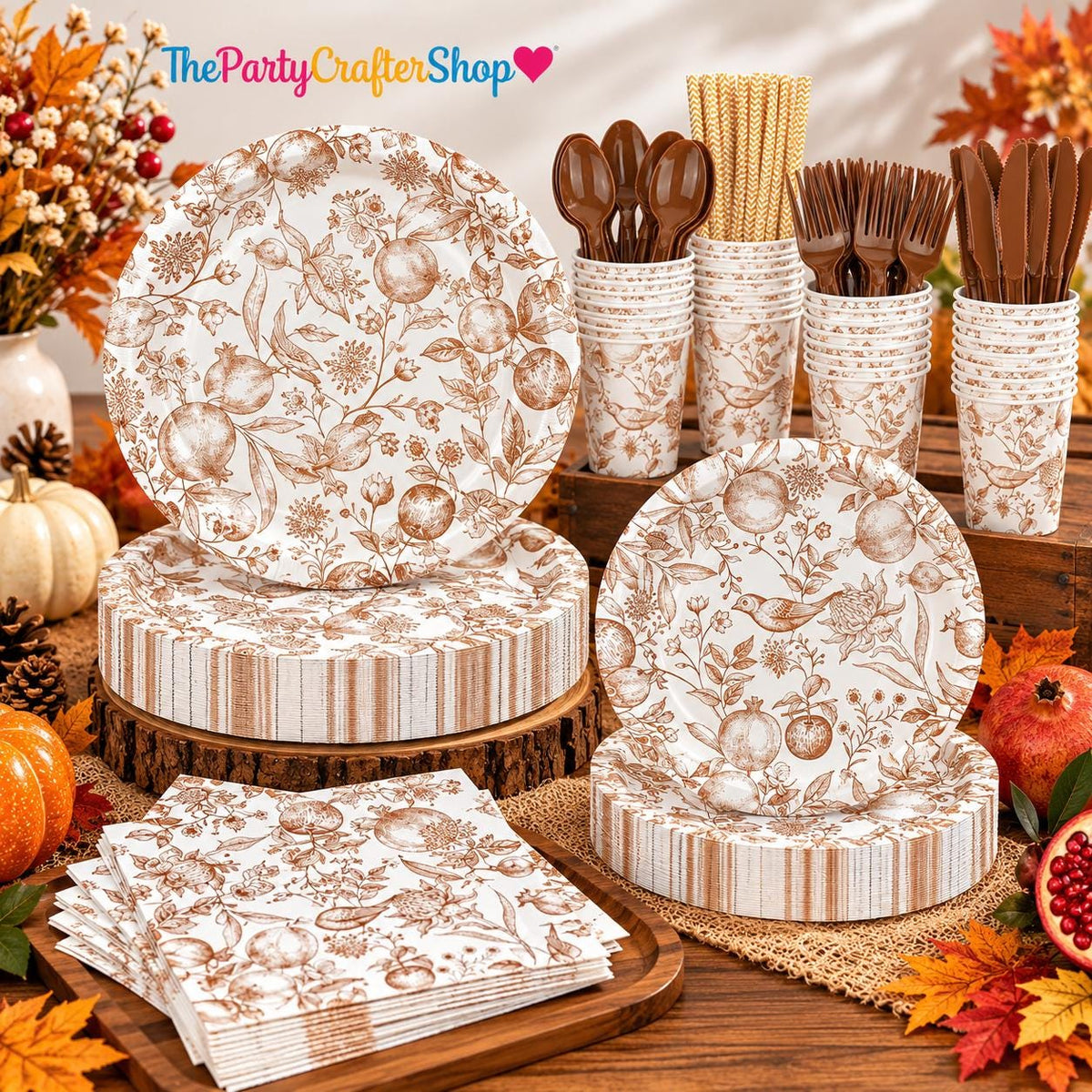Pomegranate Bird Floral Tableware Set, Serves 24 Guests (Fall Party Decor)