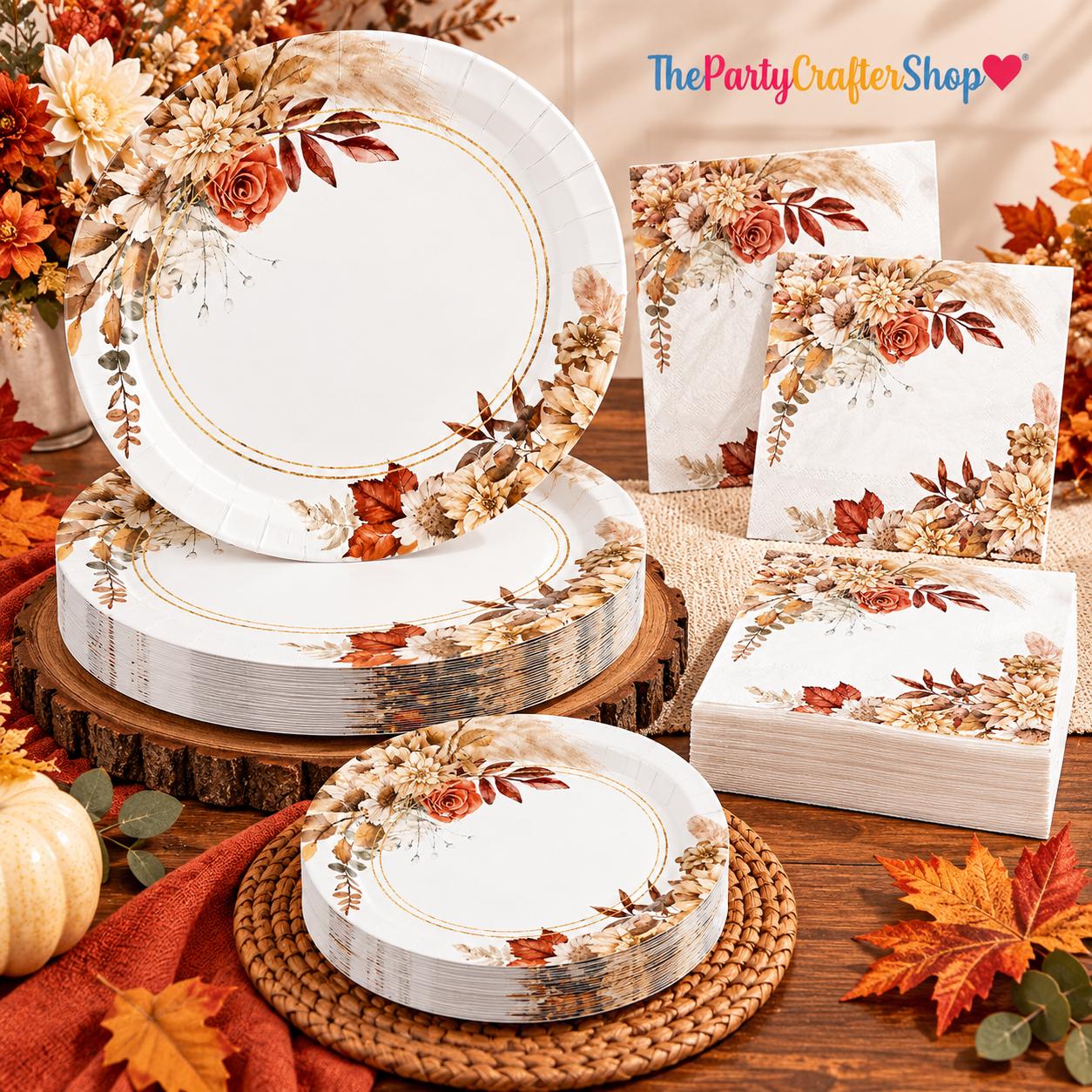 Boho Floral Fall Tableware Set, Rustic Paper Plates, Napkins, Cutlery (Serves 25)
