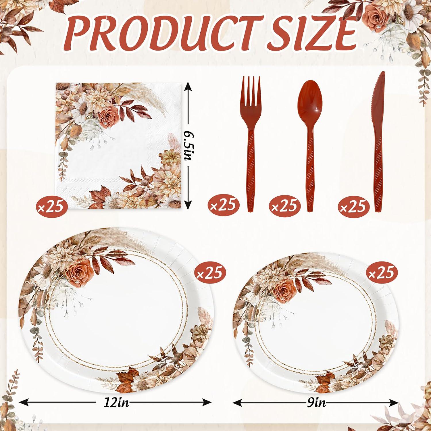 Boho Floral Fall Tableware Set, Rustic Paper Plates, Napkins, Cutlery (Serves 25)
