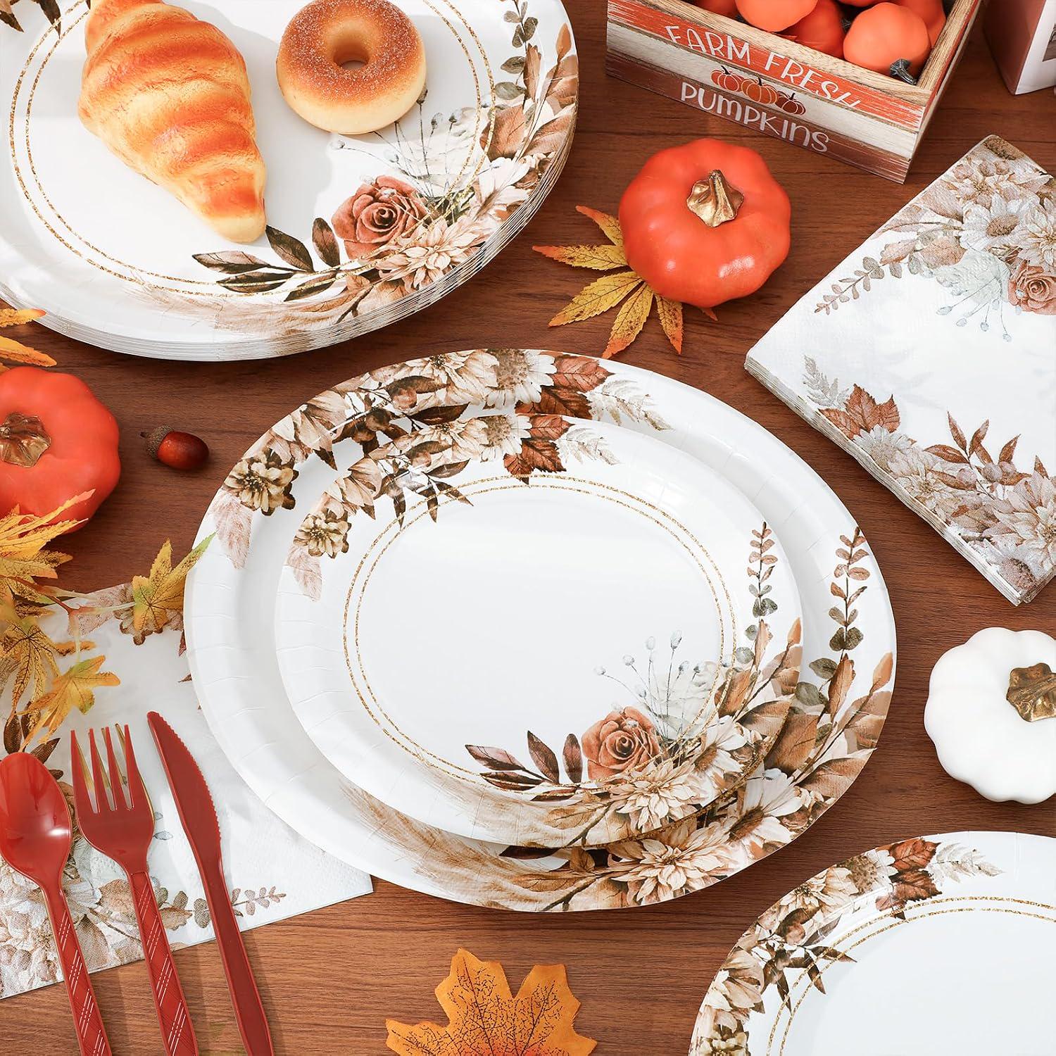 Boho Floral Fall Tableware Set, Rustic Paper Plates, Napkins, Cutlery (Serves 25)