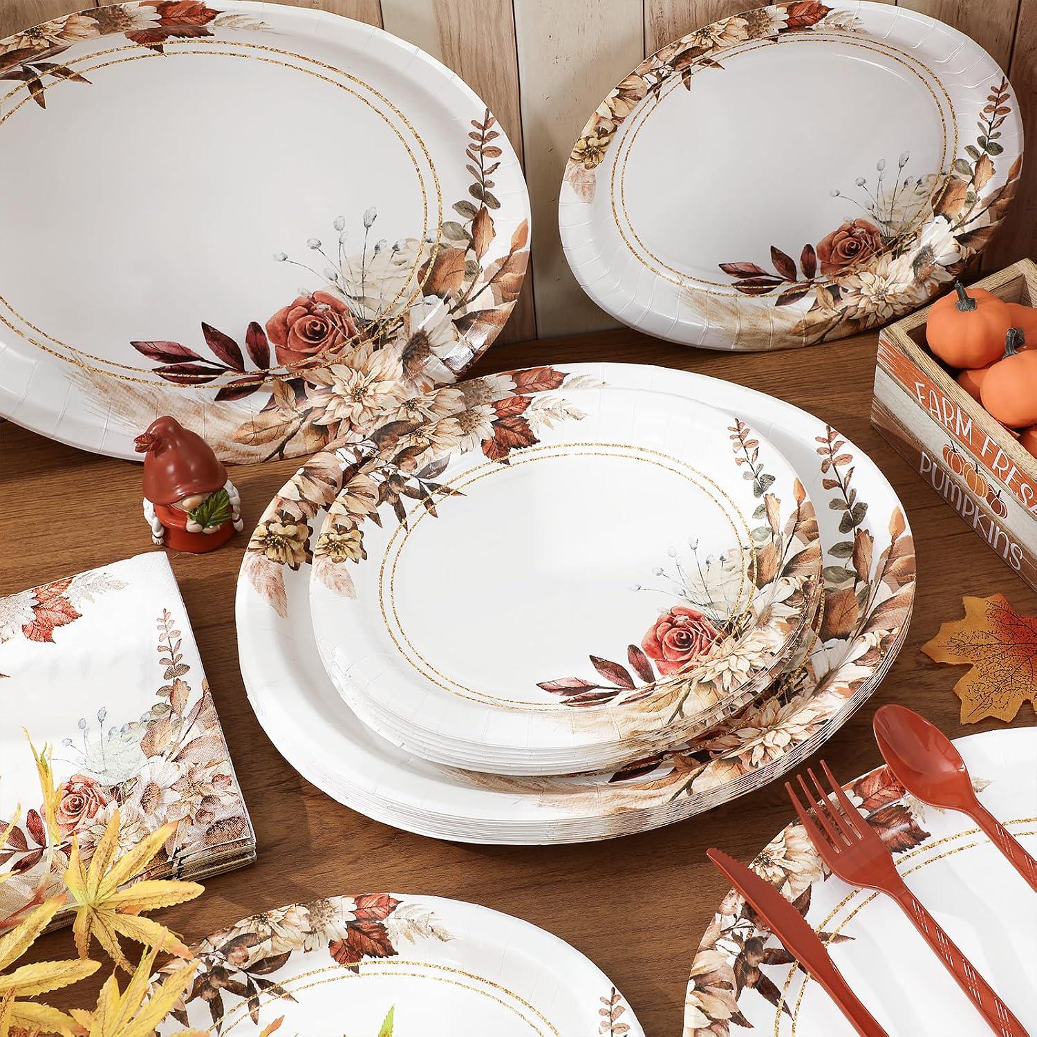 Boho Floral Fall Tableware Set, Rustic Paper Plates, Napkins, Cutlery (Serves 25)
