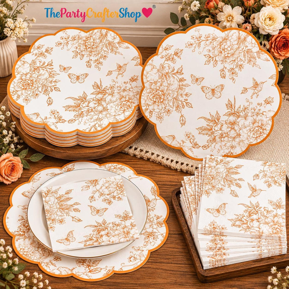 50pc Burnt Orange Floral Paper Plates & Napkins, Fall Wedding Baby Shower Decor