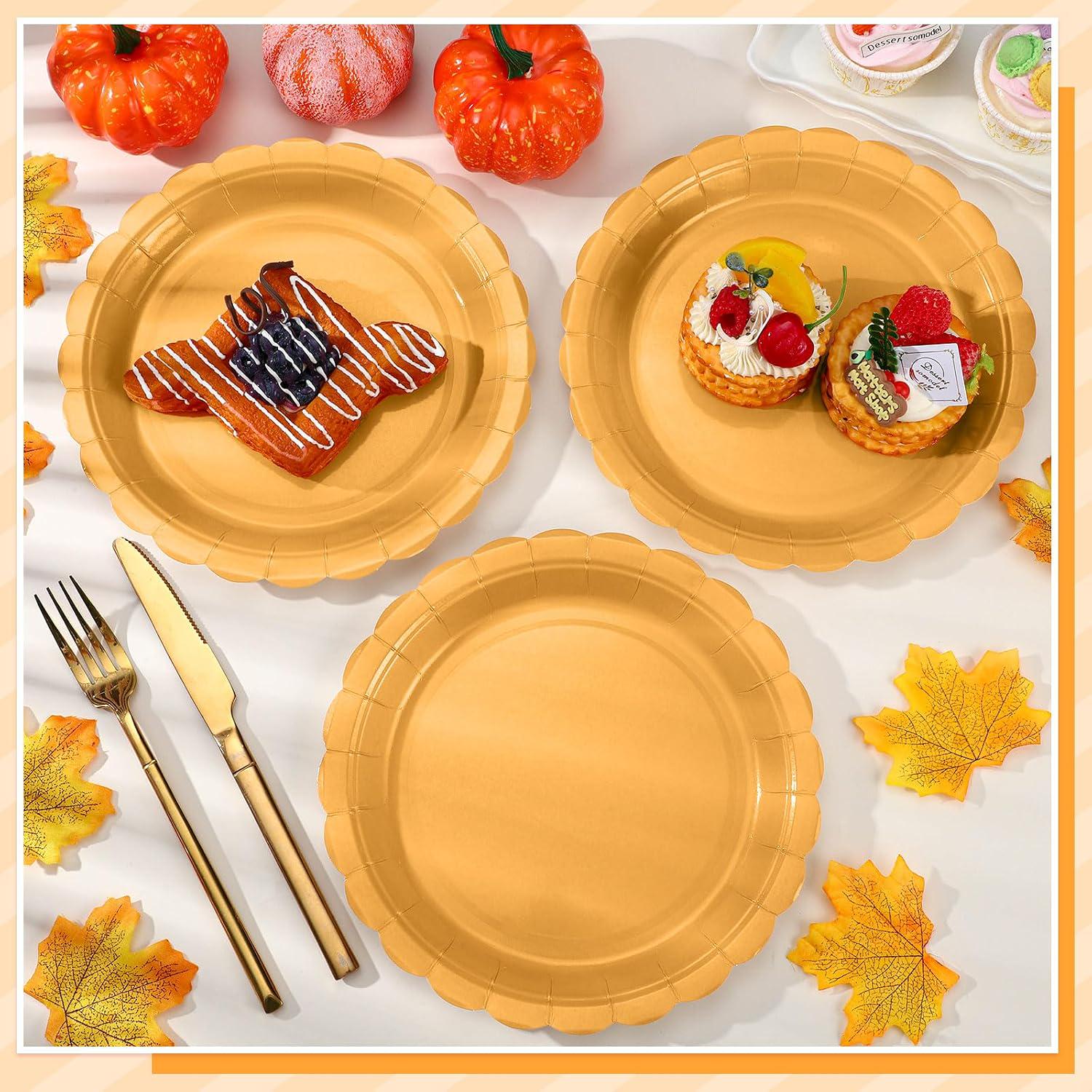 30pc Orange Scalloped Paper Plates, 9 Inch Fall Harvest Tableware (Disposable)