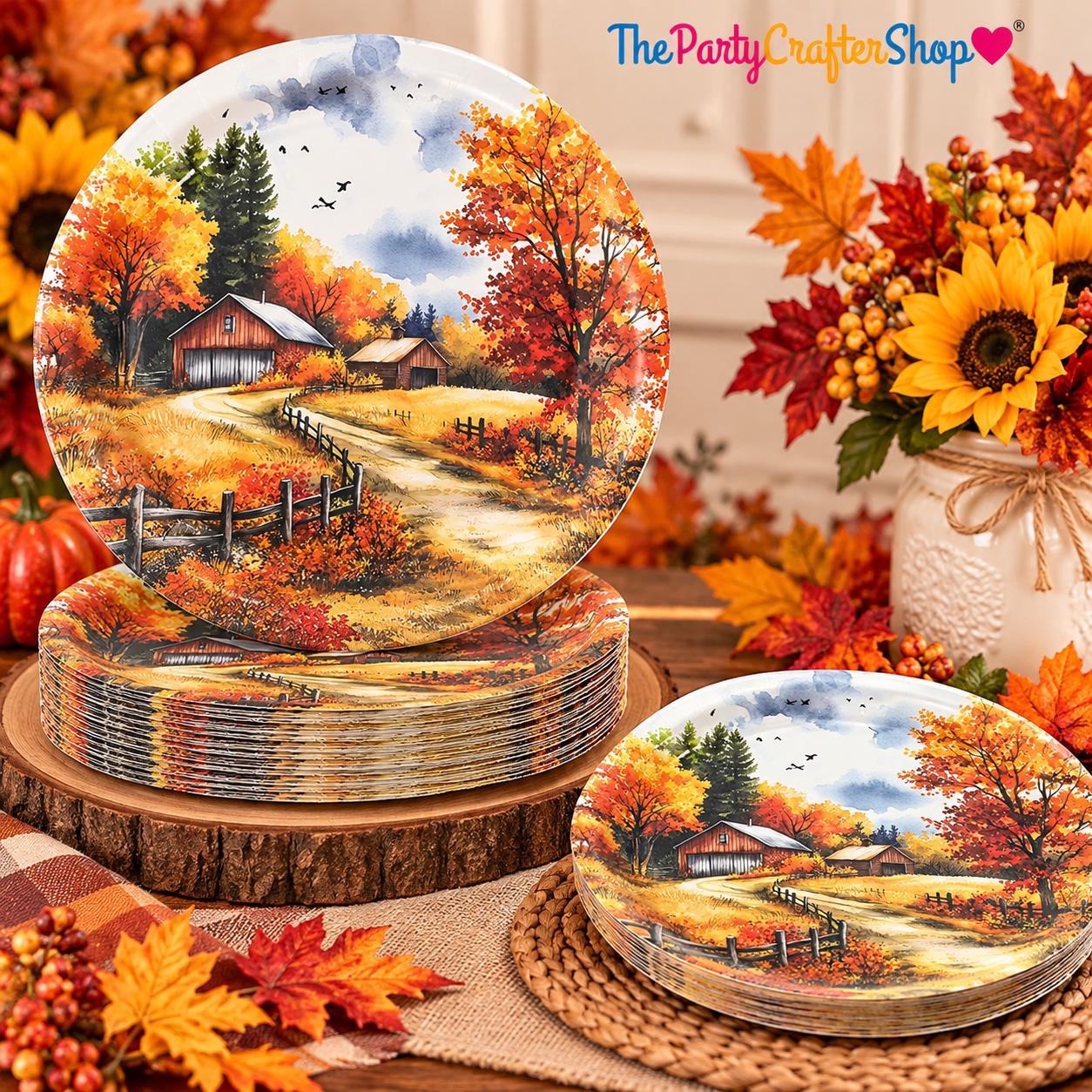 50pc Fall Paper Plates, Watercolor Autumn Landscape, Thanksgiving Party Supplies
