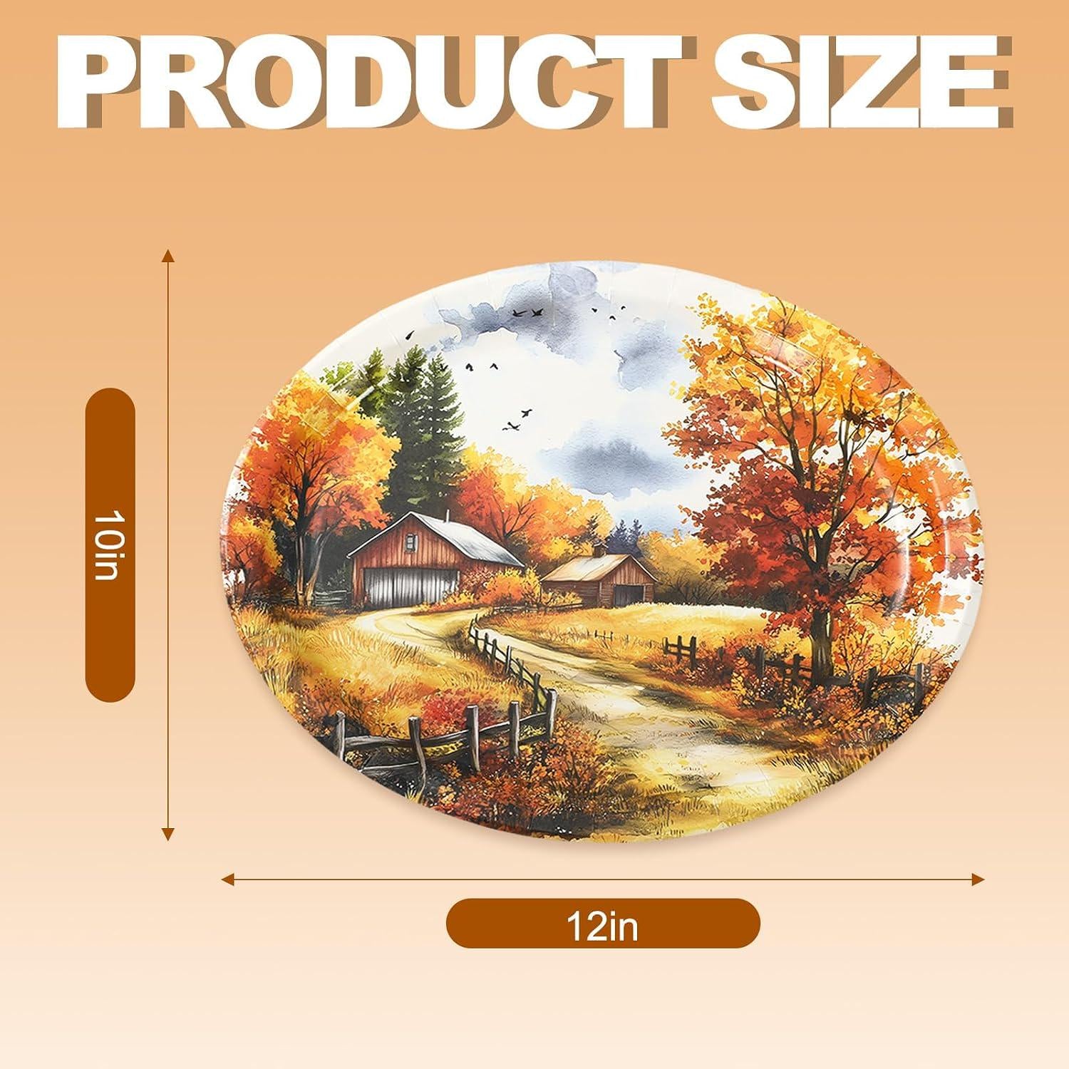 50pc Fall Paper Plates, Watercolor Autumn Landscape, Thanksgiving Party Supplies