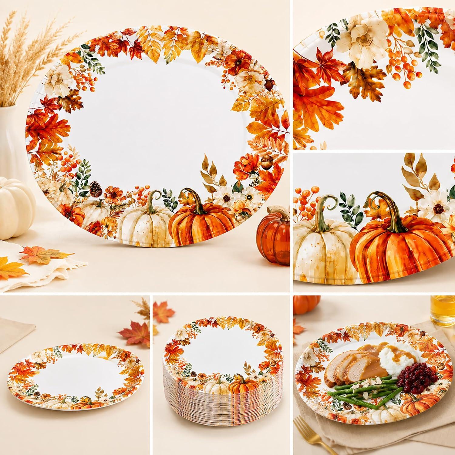 50pc Fall Oval Paper Plates, Pumpkin Maple Leaf, Thanksgiving Party Tableware (12x10 Inch)