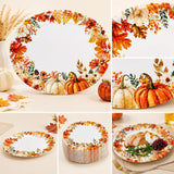 50pc Fall Oval Paper Plates, Pumpkin Maple Leaf, Thanksgiving Party Tableware (12x10 Inch)