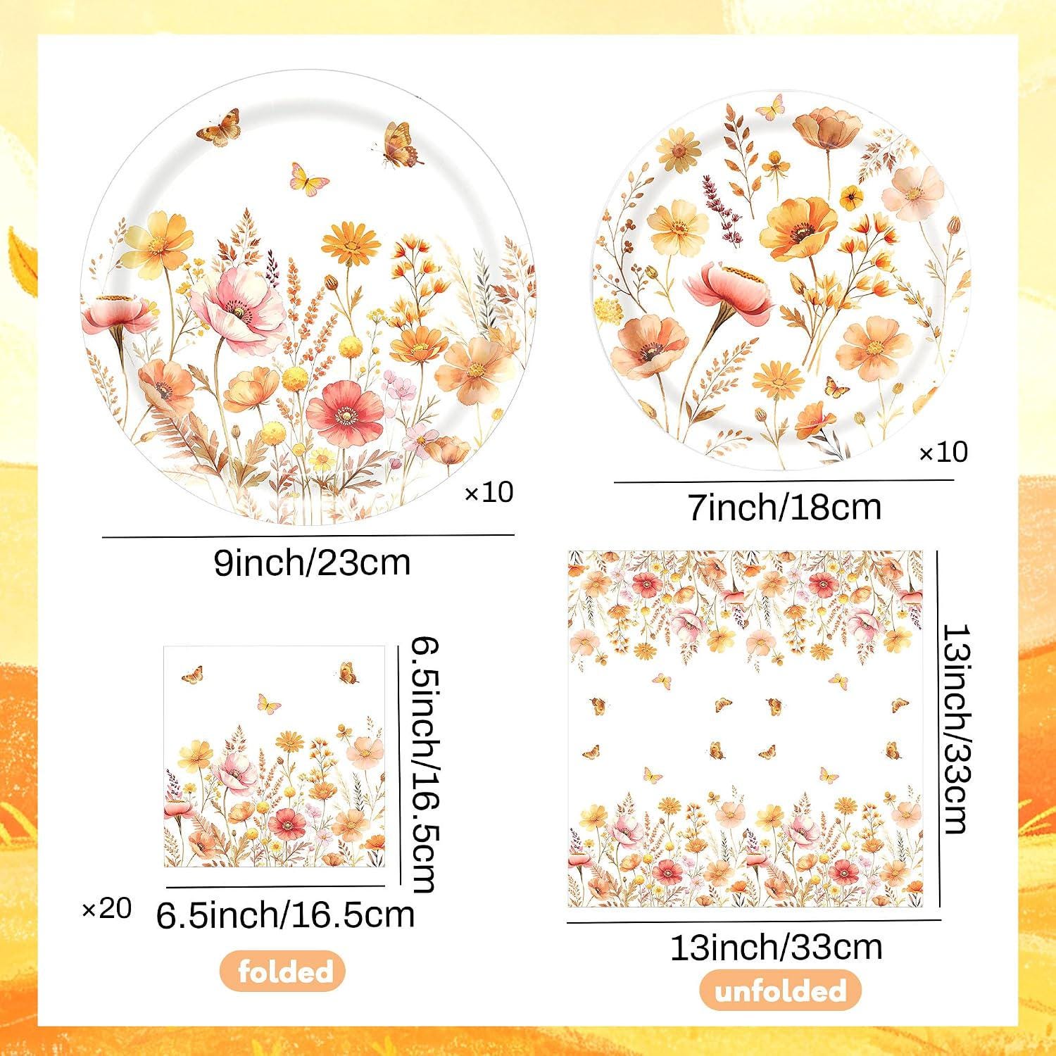 Boho Floral Butterfly Paper Plates & Napkins, Autumn Baby Shower Tableware Set (10)