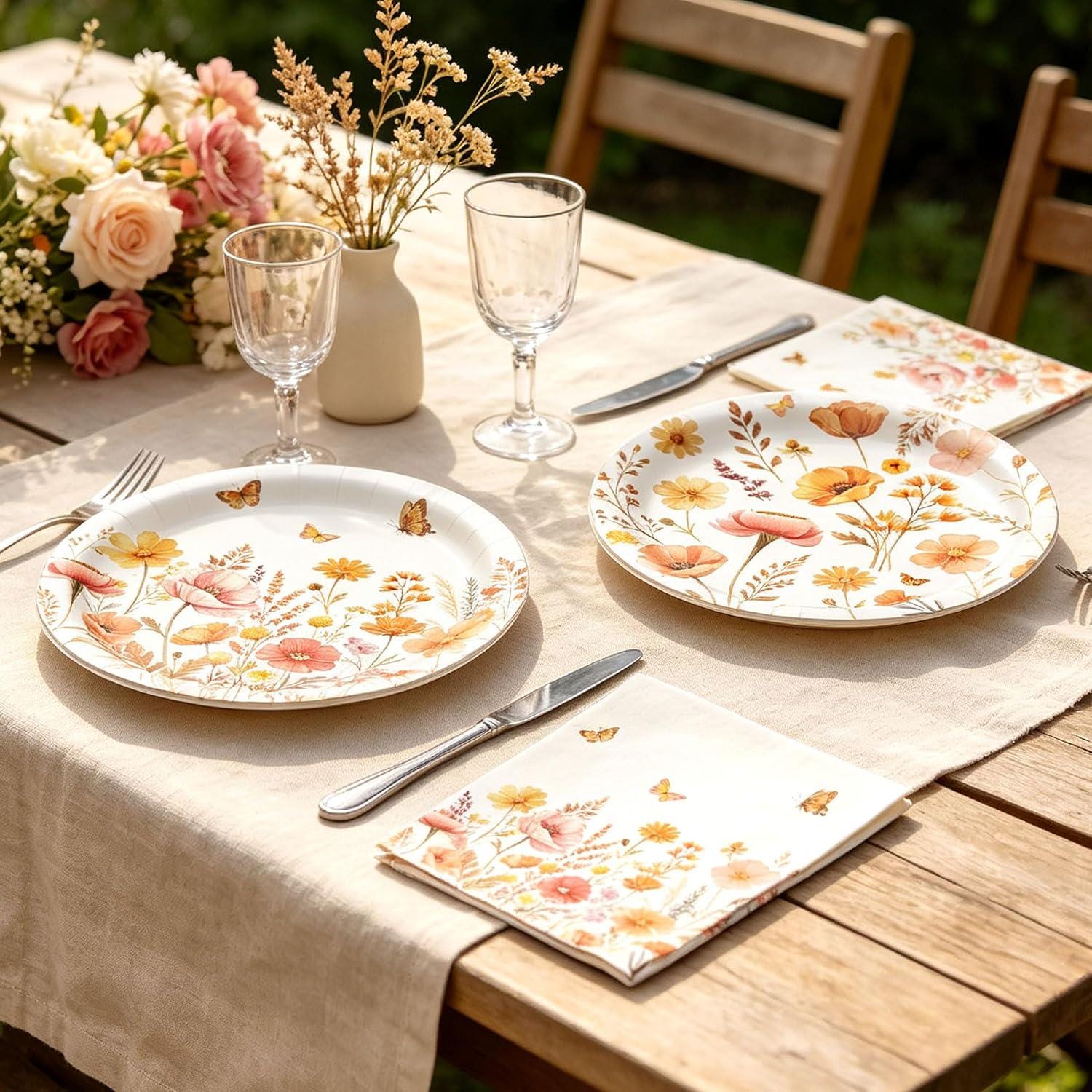 Boho Floral Butterfly Paper Plates & Napkins, Autumn Baby Shower Tableware Set (10)