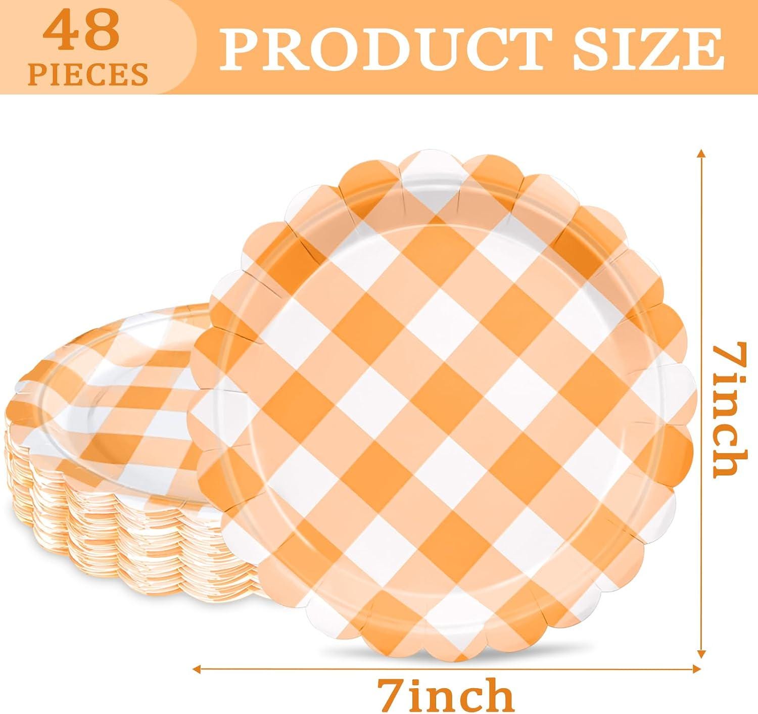 48pc Orange Gingham Paper Plates, 7 Inch Scalloped Dessert Plates (Fall Party Decor)