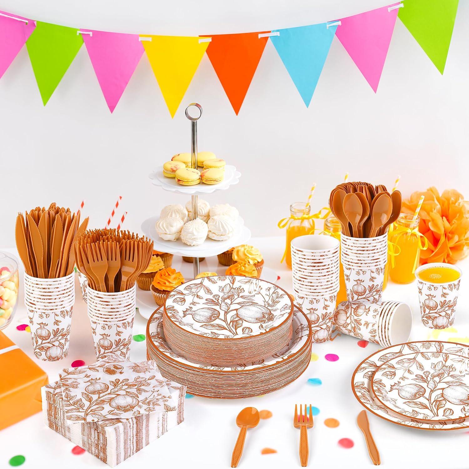 400pc Pomegranate Floral Tableware Set, Orange Autumn Plates, Cups, Napkins, Cutlery (Serves 50)