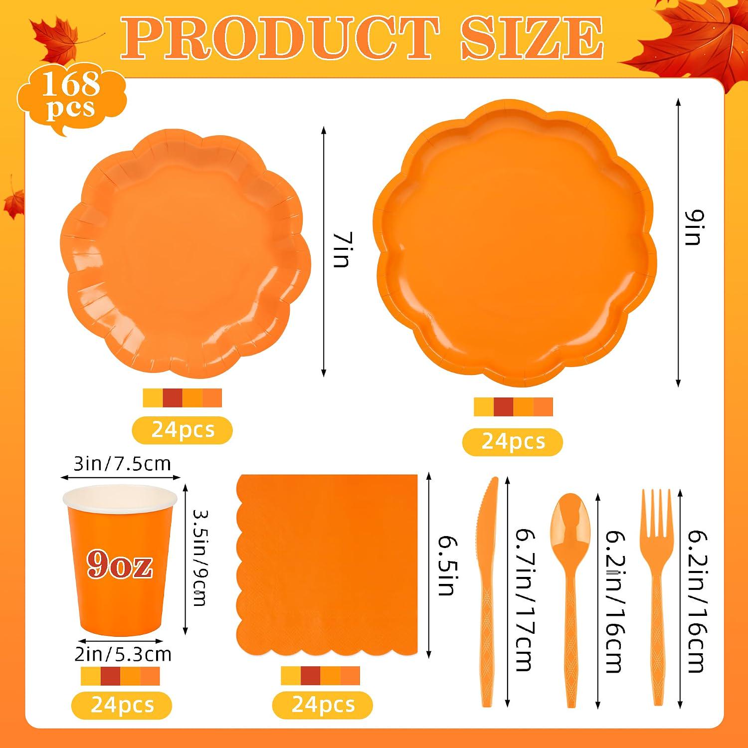 168pc Fall Orange Tableware Set, Scalloped Paper Plates, Napkins, Cutlery (Serves 24)