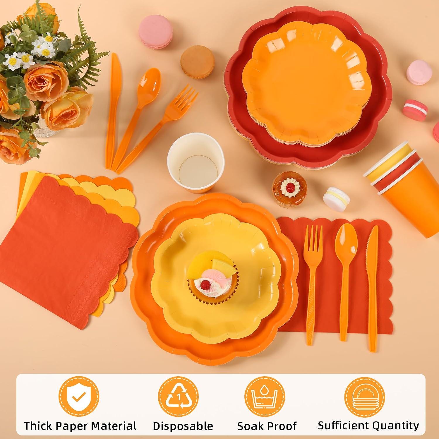168pc Fall Orange Tableware Set, Scalloped Paper Plates, Napkins, Cutlery (Serves 24)