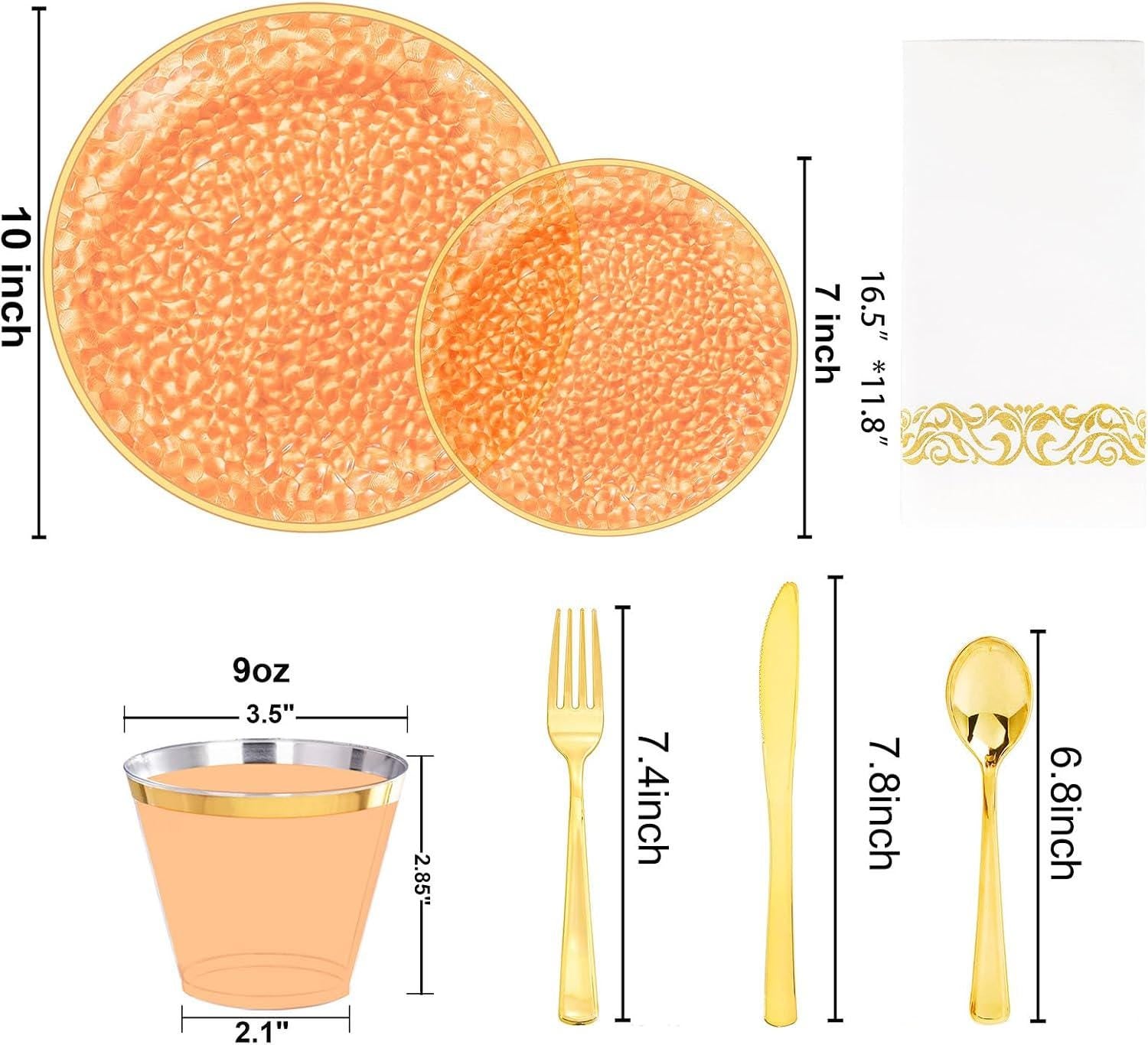 175pc Orange Gold Hammered Tableware Set, Serves 25 Guests (Disposable)