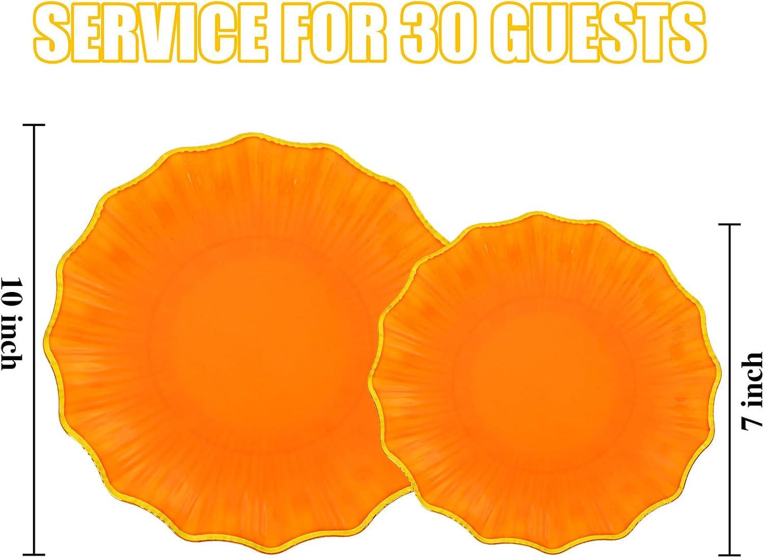 60pc Orange Gold Scalloped Plastic Plates, Heavy Duty Party Tableware (Serves 30)