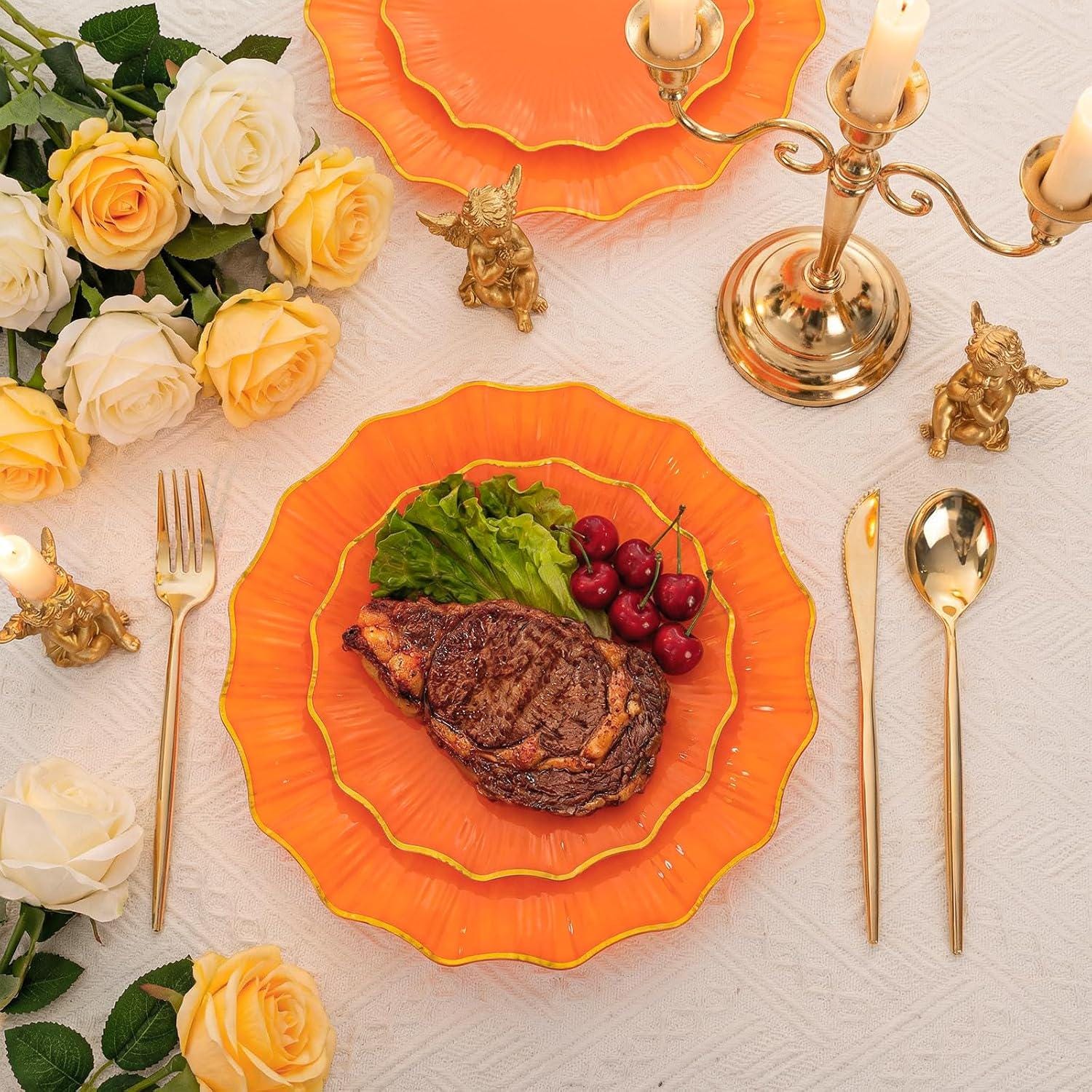 60pc Orange Gold Scalloped Plastic Plates, Heavy Duty Party Tableware (Serves 30)