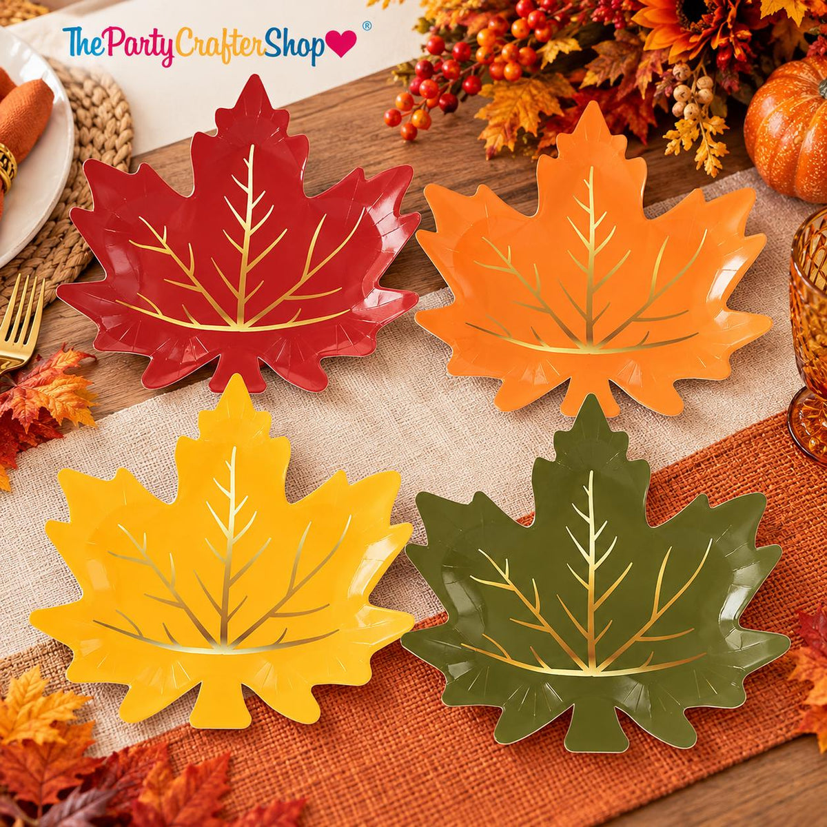 40pc Fall Maple Leaf Paper Plates, Gold Foil Autumn Tableware (8.5 Inch)