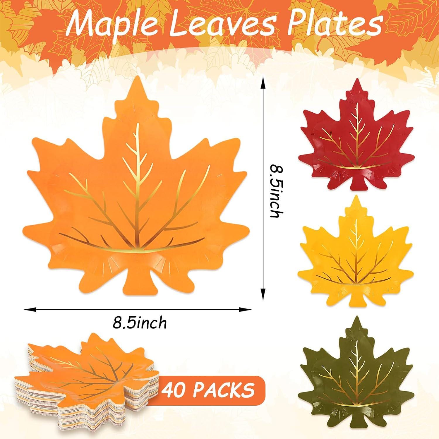 40pc Fall Maple Leaf Paper Plates, Gold Foil Autumn Tableware (8.5 Inch)