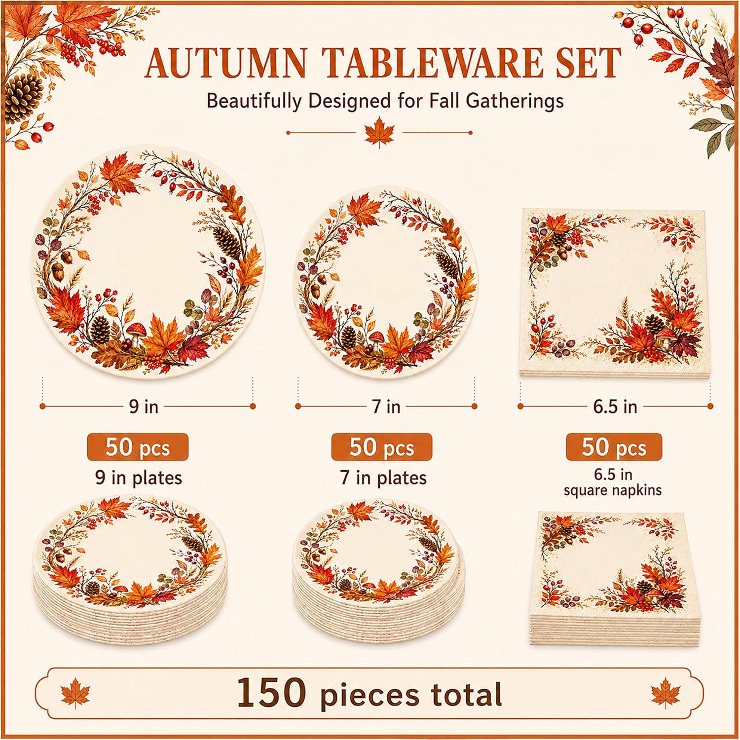 Watercolor Maple Leaf Thanksgiving Tableware Set, 150pc Fall Party Supplies
