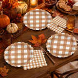 Brown Gingham Paper Plates & Napkins Set, 7 Inch Scalloped Dessert Tableware (50pc)