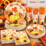 120pc Fall Tableware Set, Pumpkin Maple Leaf Plates, Napkins, Cups, Cutlery (Serves 20)