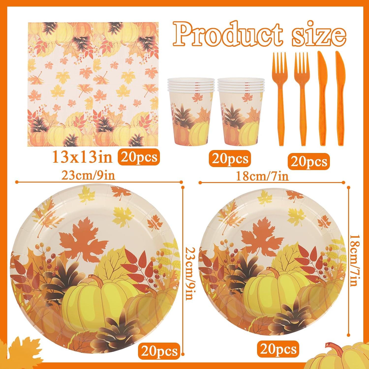 120pc Fall Tableware Set, Pumpkin Maple Leaf Plates, Napkins, Cups, Cutlery (Serves 20)