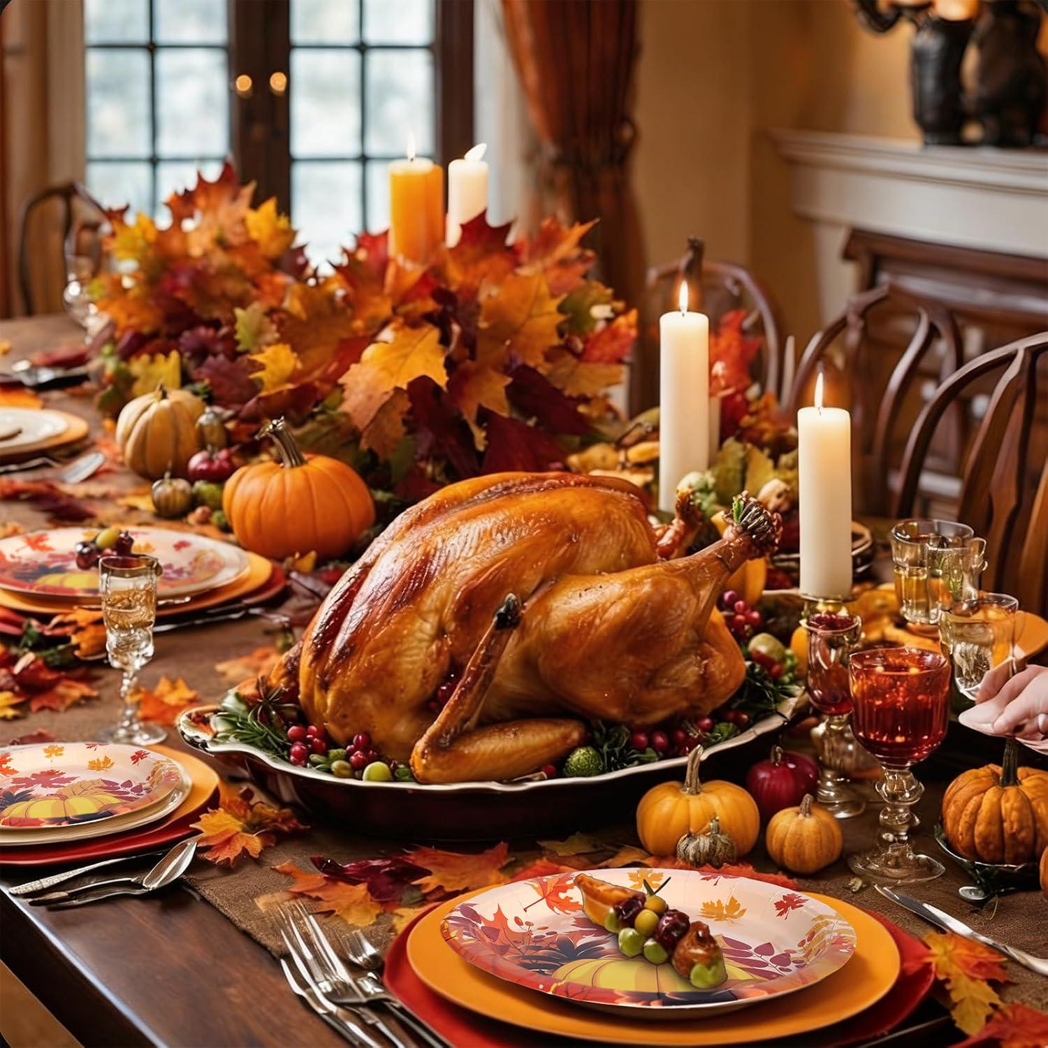 120pc Fall Tableware Set, Pumpkin Maple Leaf Plates, Napkins, Cups, Cutlery (Serves 20)