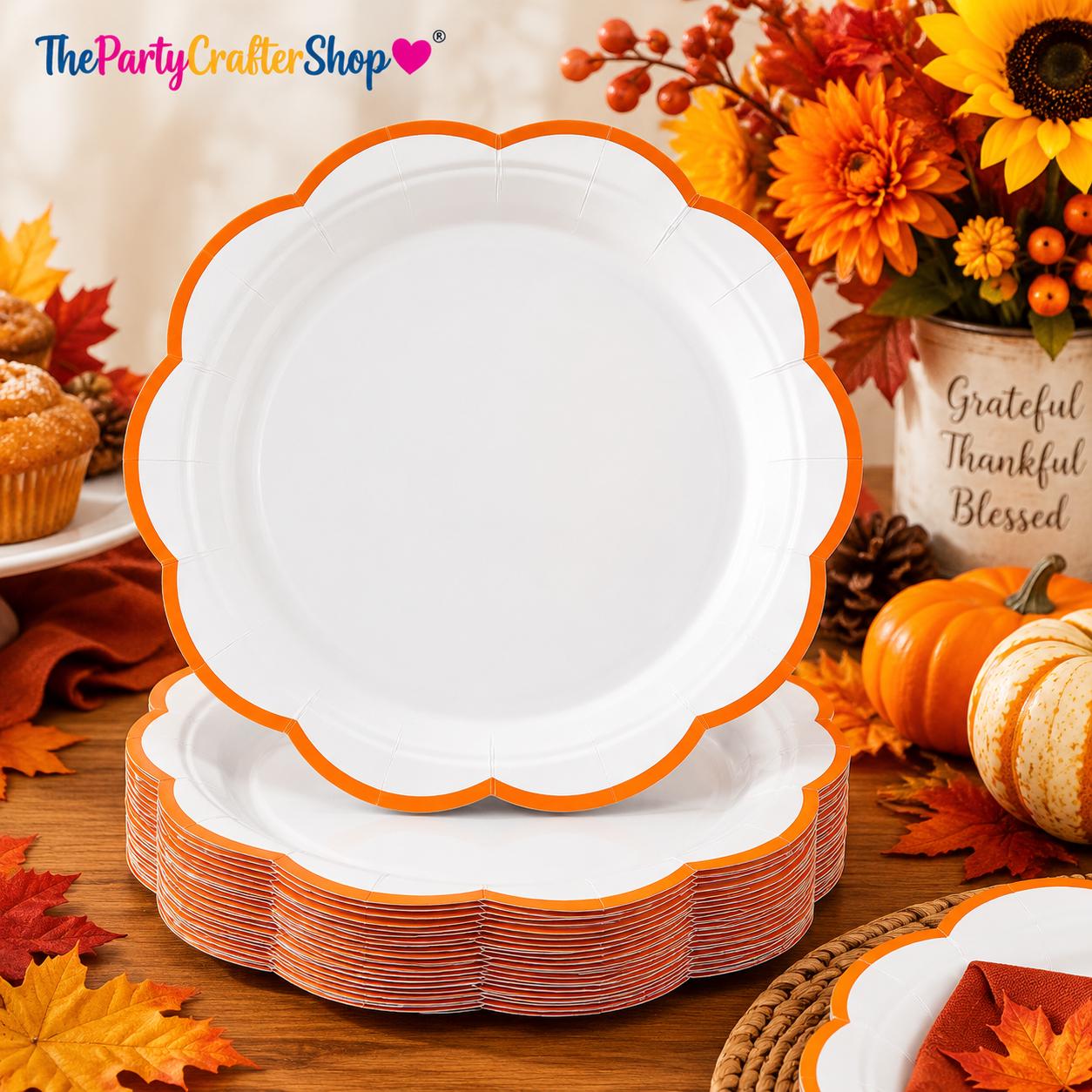 30pc Orange Trim Scalloped Paper Plates, 7 Inch Disposable Tableware (Set)