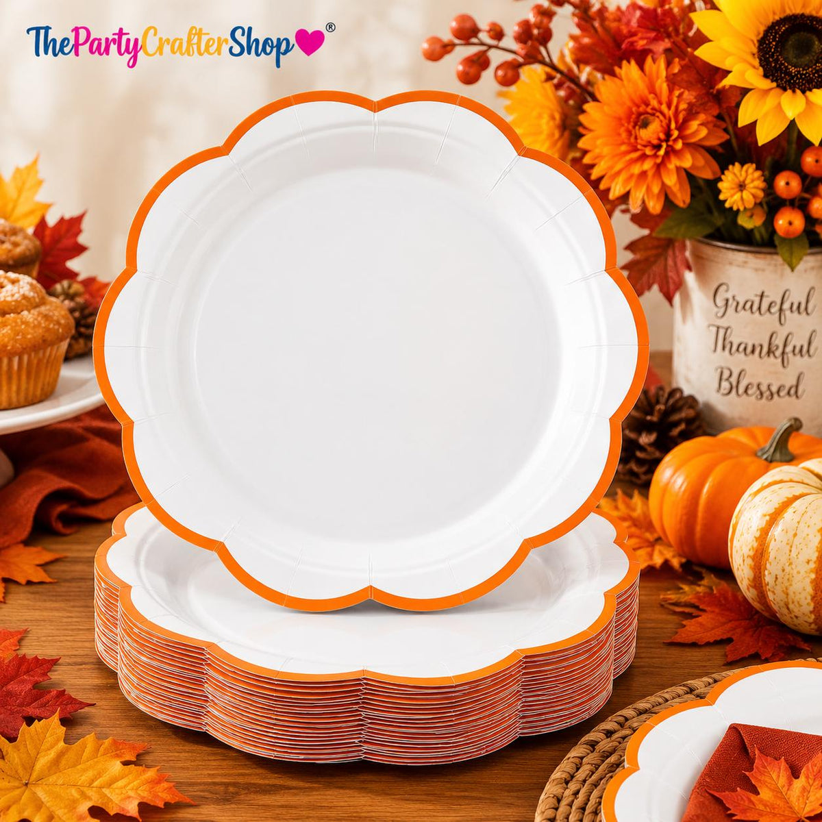 30pc Orange Trim Scalloped Paper Plates, 7 Inch Disposable Tableware (Set)