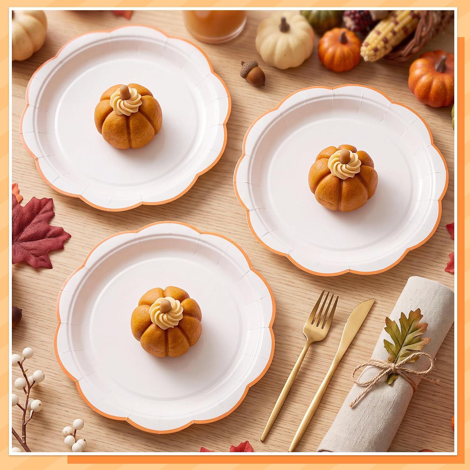 30pc Orange Trim Scalloped Paper Plates, 7 Inch Disposable Tableware (Set)