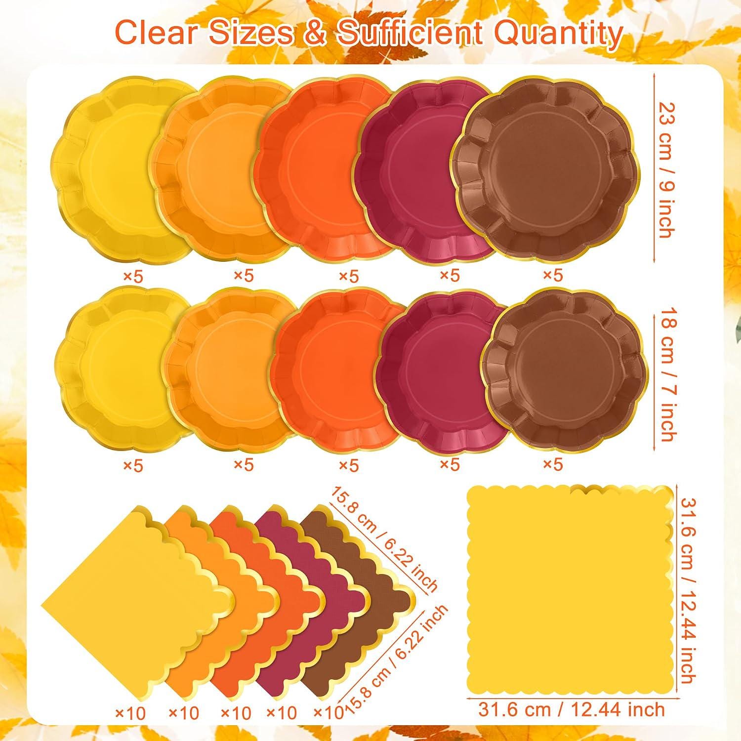100pc Fall Gold Foil Plates & Napkins Set, Scalloped Autumn Tableware (Thanksgiving, Wedding, Baby Shower)