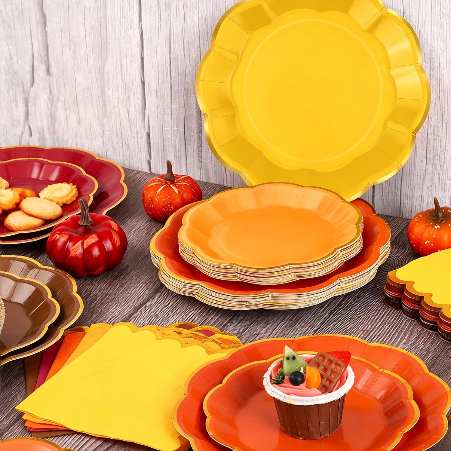 100pc Fall Gold Foil Plates & Napkins Set, Scalloped Autumn Tableware (Thanksgiving, Wedding, Baby Shower)