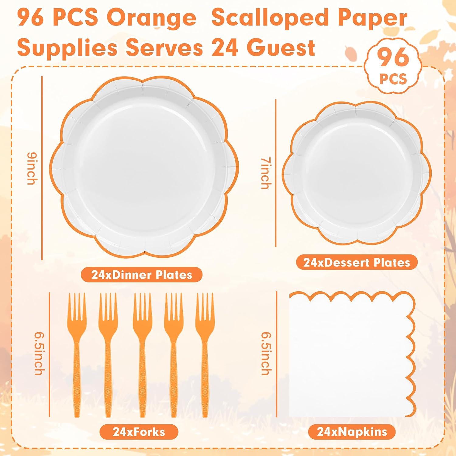 96pc Orange Scalloped Fall Tableware Set, Serves 24, Dinner Plates, Napkins, Forks (Party Decor)