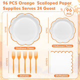 96pc Orange Scalloped Fall Tableware Set, Serves 24, Dinner Plates, Napkins, Forks (Party Decor)