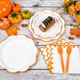 96pc Orange Scalloped Fall Tableware Set, Serves 24, Dinner Plates, Napkins, Forks (Party Decor)