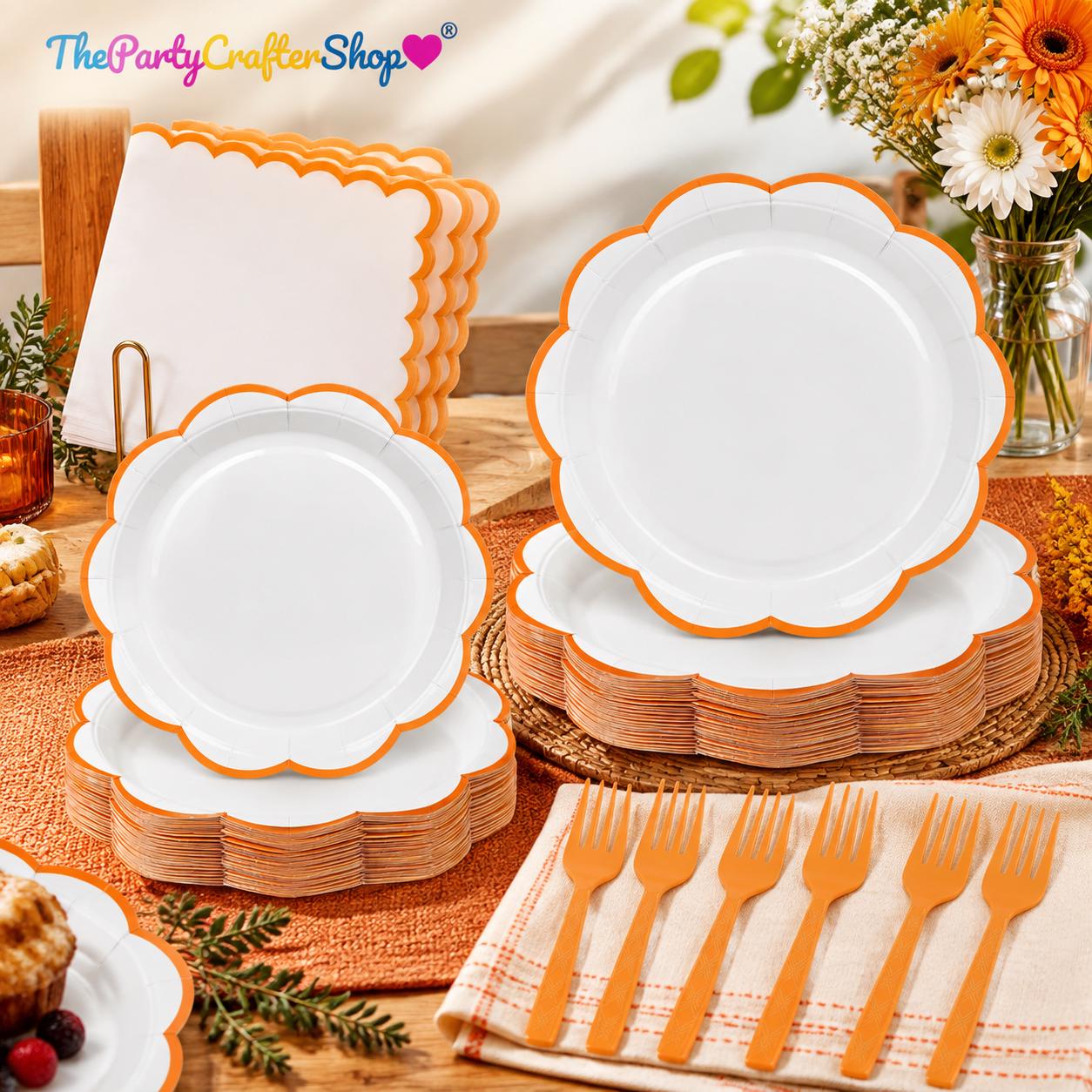 96pc Orange Scalloped Fall Tableware Set, Serves 24, Dinner Plates, Napkins, Forks (Party Decor)
