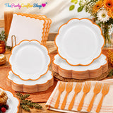 96pc Orange Scalloped Fall Tableware Set, Serves 24, Dinner Plates, Napkins, Forks (Party Decor)
