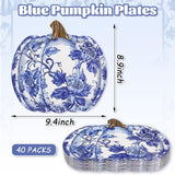 40pc Blue Chinoiserie Pumpkin Paper Plates, Floral Autumn Tableware (8.7-9.5 inch)