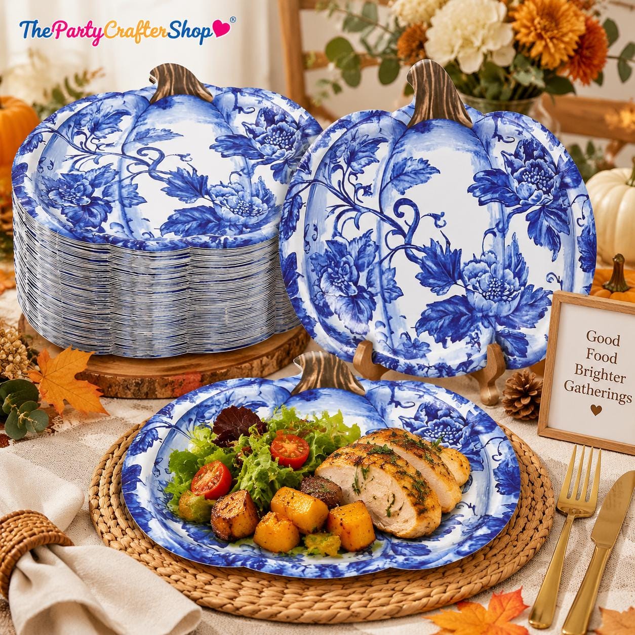 40pc Blue Chinoiserie Pumpkin Paper Plates, Floral Autumn Tableware (8.7-9.5 inch)