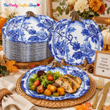 40pc Blue Chinoiserie Pumpkin Paper Plates, Floral Autumn Tableware (8.7-9.5 inch)