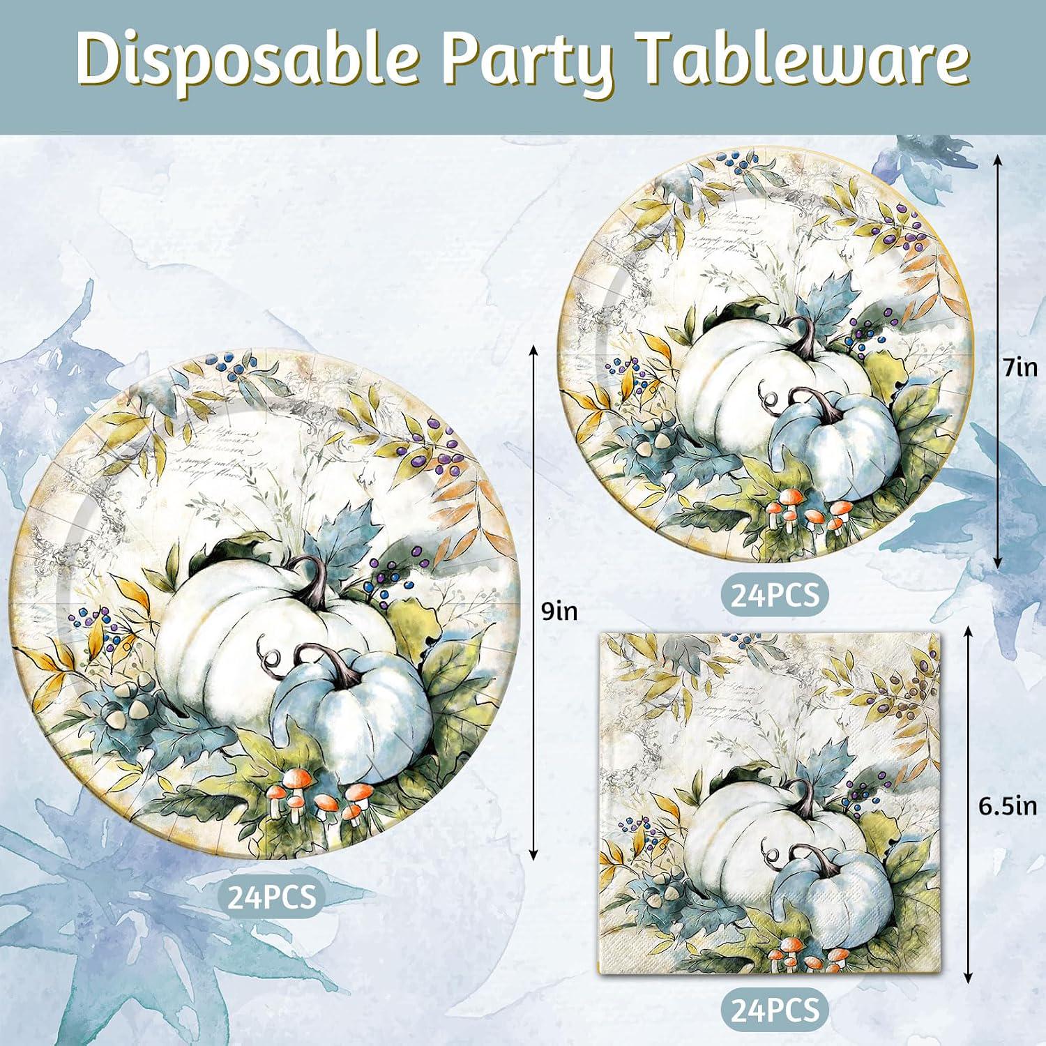 Blue Pumpkin Watercolor Paper Plates & Napkins, 72pc Fall Tableware Set (Serves 24)
